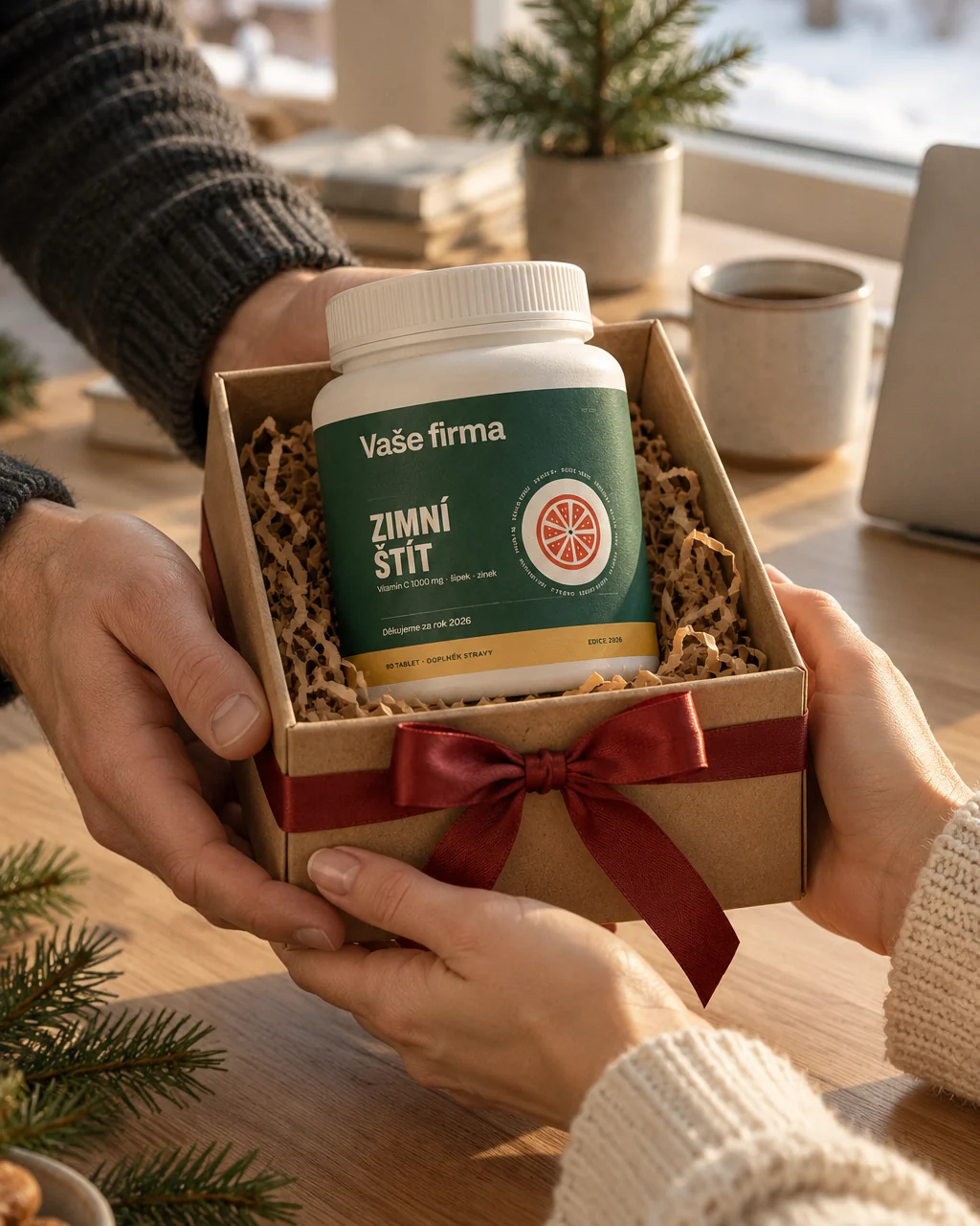 Kolega předává kolegyni dárkovou krabičku s dózou vitamínů